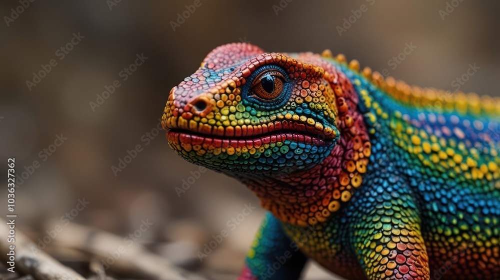 Close-up of a colorful lizard with red, orange, yellow, green, and blue scales. Close-up of a colorful lizard with red, orange, yellow, green, and blue scales.