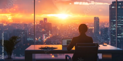 A person sitting at a desk in a modern office, looking out at a bright cityscape, reflecting on their journey of career success.