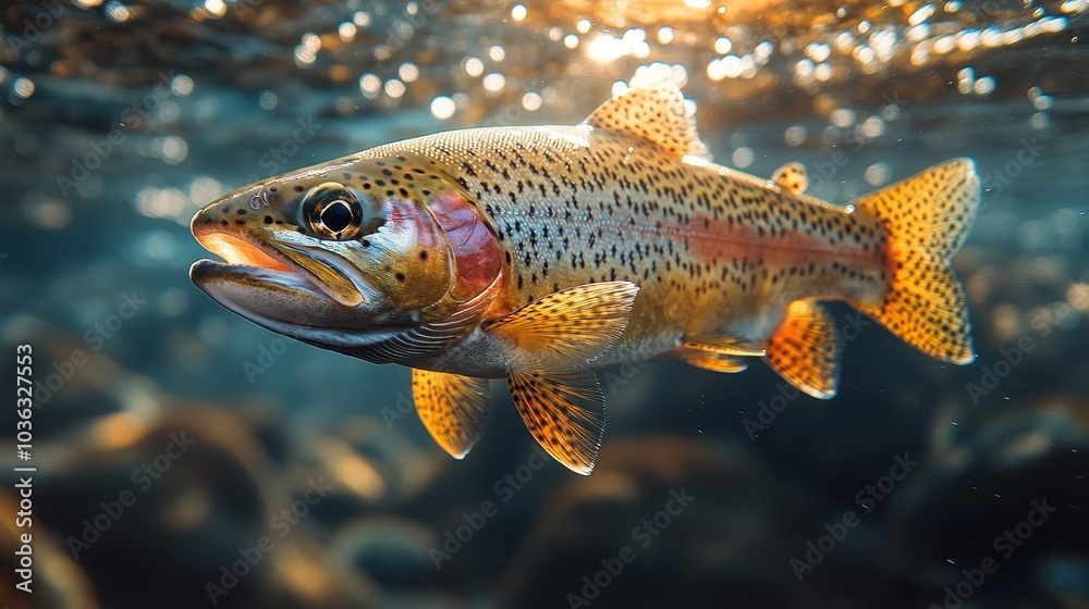 Underwater View of a Rainbow Trout Swimming in Clear Water with Sunlight Shining Through the Surface, Centered and Facing the Camera
Underwater View of a Rainbow Trout Swimming in Clear Water with Sunlight Shining Through the Surface, Centered and Facing the Camera