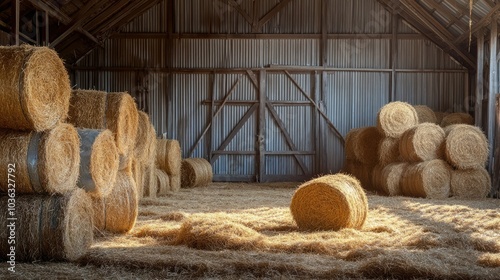 A picturesque barn filled with hay bales, some stacked high, others on the floor, with loose hay scattered around, evoking a peaceful farming scene