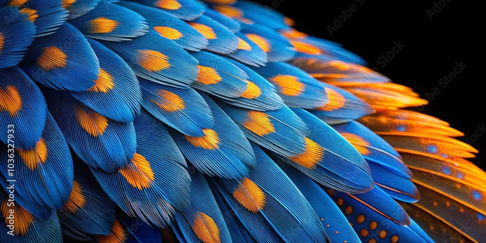 Obraz premium A symphony of blue and orange, a captivating display of nature's artistry in the delicate, intricate patterns of bird feathers.