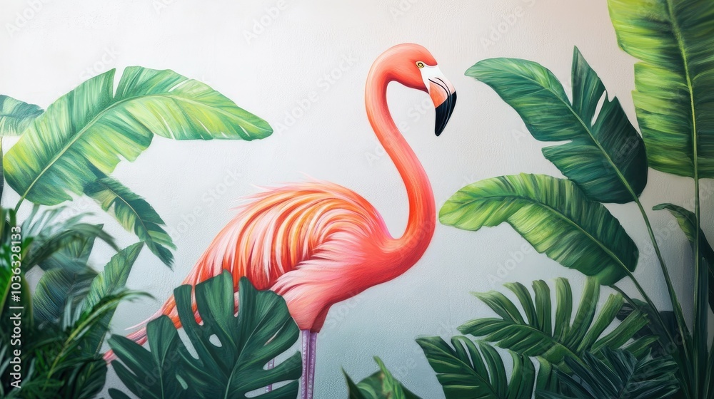 Fototapeta premium A pink flamingo lawn ornament standing in a perfectly manicured garden.