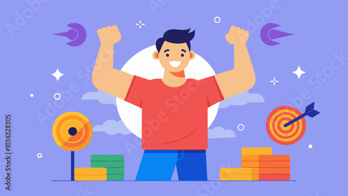 The man sets realistic goals for himself and celebrates each milestone he reaches in his muscle building journey.. Vector illustration