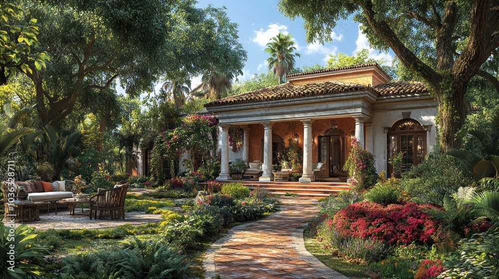Fototapeta premium Elegant garden villa surrounded by lush greenery and vibrant flowers.