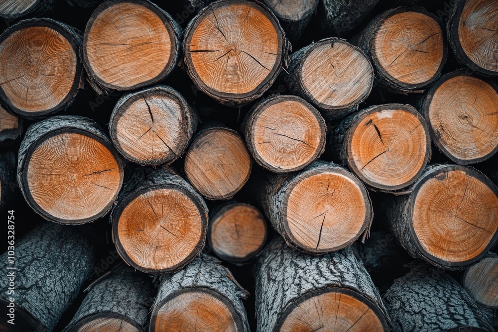 A close-up shot of a stack of cut tree logs, revealing the beautiful wood grain patterns. A close-up shot of a stack of cut tree logs, revealing the beautiful wood grain patterns.