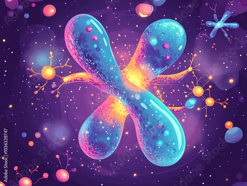 Large chromosome interacting with immune system, synapses enclosing it, flat design illustration photo