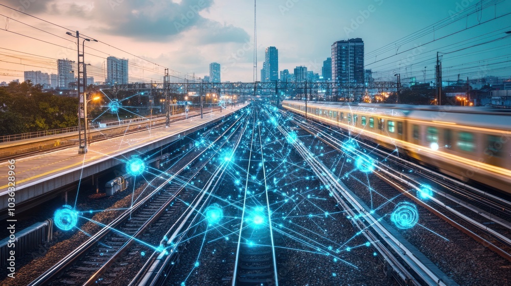 Naklejka premium Modern electric systems on train tracks, illustrating the technology behind smart transportation and railway networks