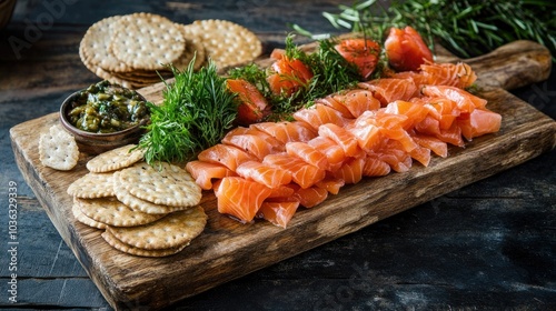 A rustic wooden board featuring a generous serving of smoked salmon, paired with crackers and fresh garnishes for a delightful presentation