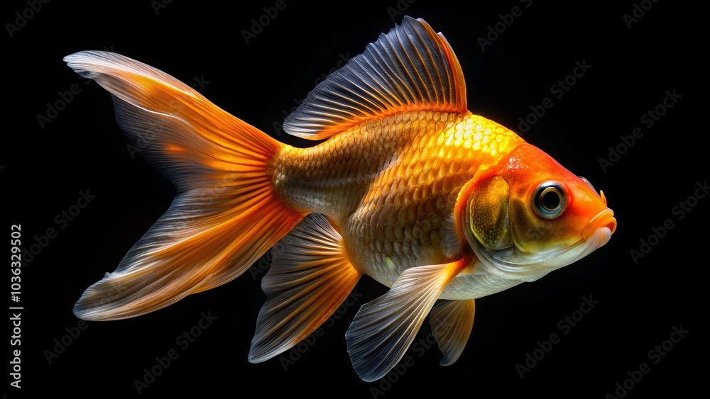 A single goldfish with a vibrant orange and yellow body, a sleek, flowing tail, and striking, expressive eyes, isolated against a deep black background. A single goldfish with a vibrant orange and yellow body, a sleek, flowing tail, and striking, expressive eyes, isolated against a deep black background.