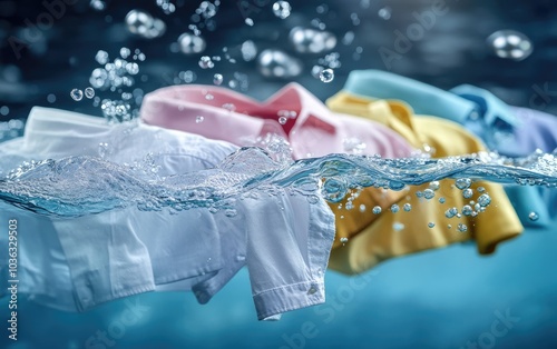 Pristine display: clothes floating gracefully in clear water, representing ideal of freshness and immaculate washing, capturing the essence of purity and the joy of wearing impeccably clean outfits. photo