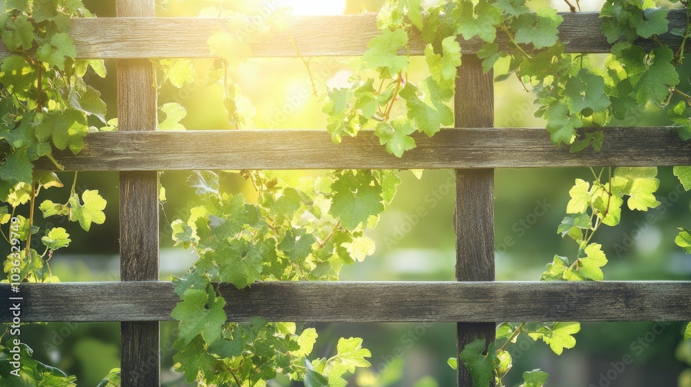 A single green grapevine twisting around a wooden trellis under the summer sun. A single green grapevine twisting around a wooden trellis under the summer sun.