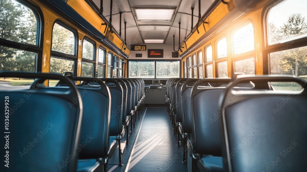 Obraz premium A sleek, minimal school bus interior with organized rows of modern seats and smooth design, creating a comfortable environment.