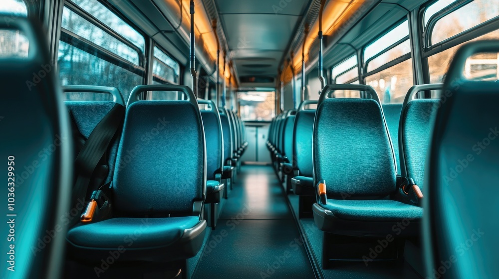 Fototapeta premium A sleek, minimal school bus interior with organized rows of modern seats and smooth design, creating a comfortable environment.