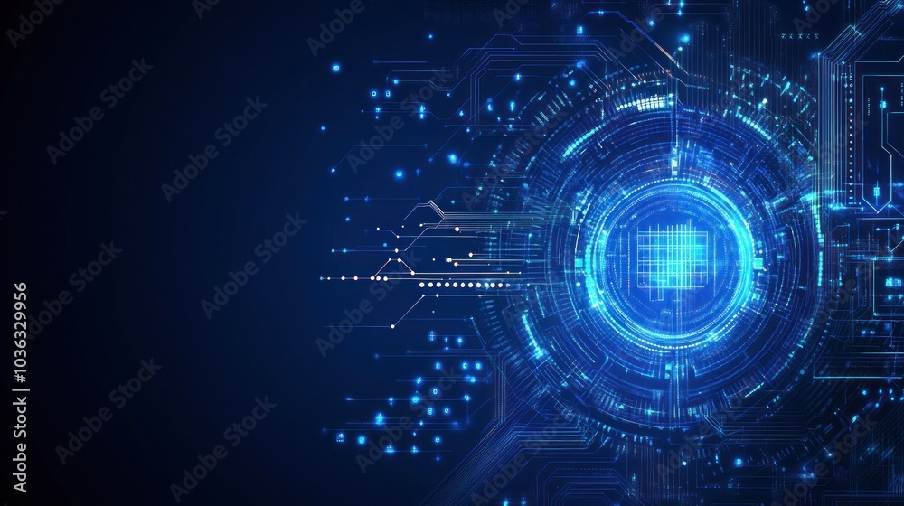 Fototapeta premium Abstract digital design featuring blue circuitry and glowing elements for technology themes.
