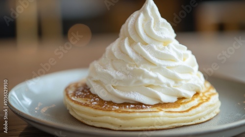 Close-up of Fluffy Pancakes Topped with Whipped Cream