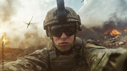 Candid Selfie of a Soldier in the Midst of Battlefield Action photo