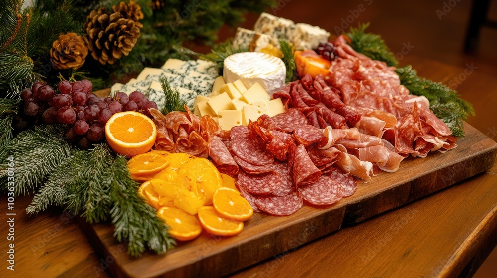 A sophisticated charcuterie board arranged with meats, cheese, and holiday fruits, placed on a rustic wood table.