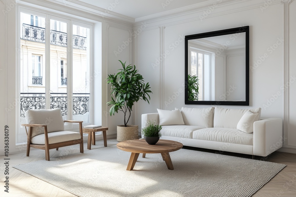 Fototapeta premium A bright and airy living room with a large window, a white sofa, a wooden coffee table, and a large mirror.