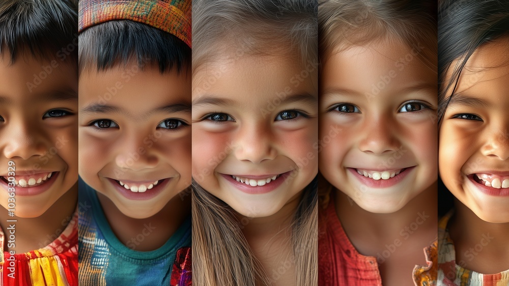 Smiling children from different races , cultures, symbolizing a bright future and mutual understanding .United Nations Day Smiling children from different races , cultures, symbolizing a bright future and mutual understanding .United Nations Day