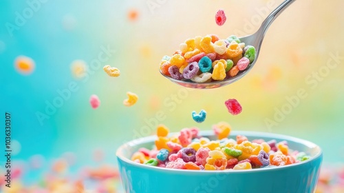 A spoon lifting a vibrant mix of colorful cereal pieces, hovering above a bowl filled with more cereal, against a bright background.