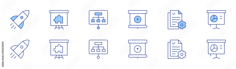 Project icon set in two styles, Duotone and Thin Line style. Editable stroke. presentation, project, projector screen, rocket, solution, workflow Project icon set in two styles, Duotone and Thin Line style. Editable stroke. presentation, project, projector screen, rocket, solution, workflow
