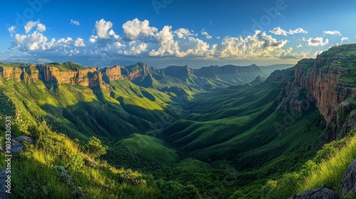 A panoramic view of a lush green valley surrounded by towering cliffs and a bright blue sky with fluffy clouds.