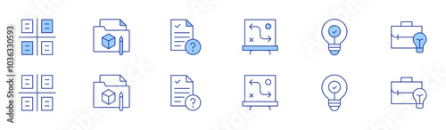 Project icon set in two styles, Duotone and Thin Line style. Editable stroke. strategy, idea, business idea, project, project status