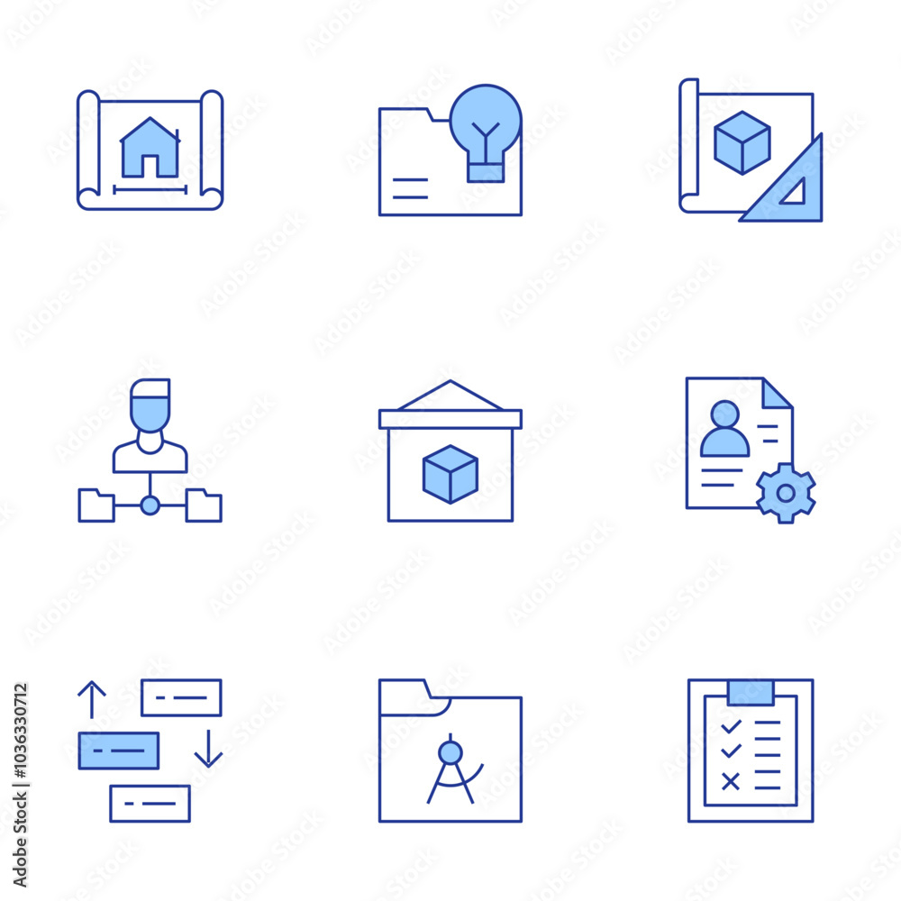 Project icons set. Line Duotone style, editable stroke. plan, check list, development, modeling, presentation, project, prioritize, project management Project icons set. Line Duotone style, editable stroke. plan, check list, development, modeling, presentation, project, prioritize, project management