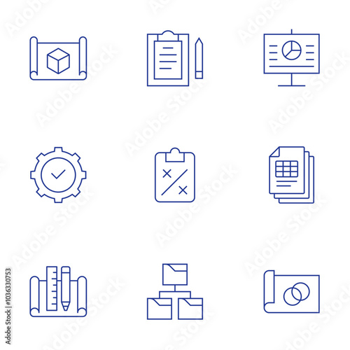 Project icons set. Thin Line style, editable stroke. blueprint, compliance, file, presentation, project, research, strategy, use case