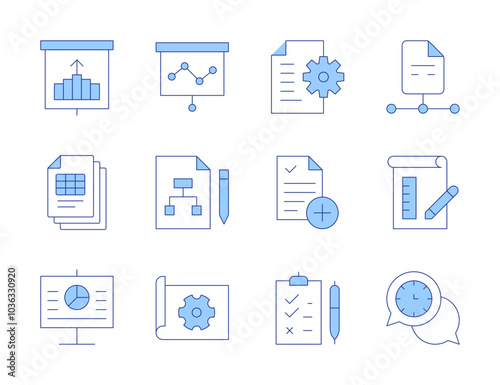 Project icons. Line Duotone style, editable stroke. physics, project, project plan, blueprint, coordination, file, clipboard, document, new project, presentation, projection