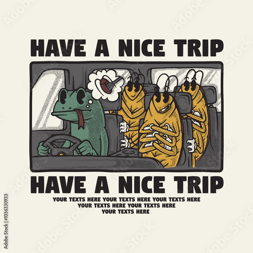 retro cartoon emblem of lizard and cockroaches inside car