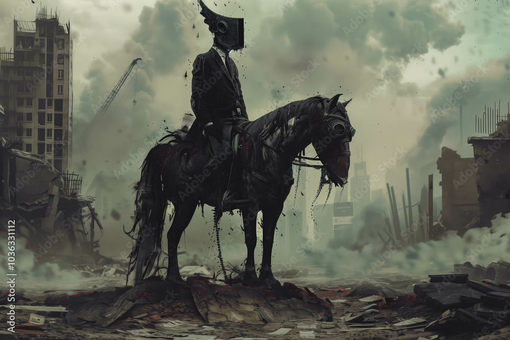 A post-apocalyptic horseman in a suit. Fantasy imagination concept. A post-apocalyptic horseman in a suit. Fantasy imagination concept.