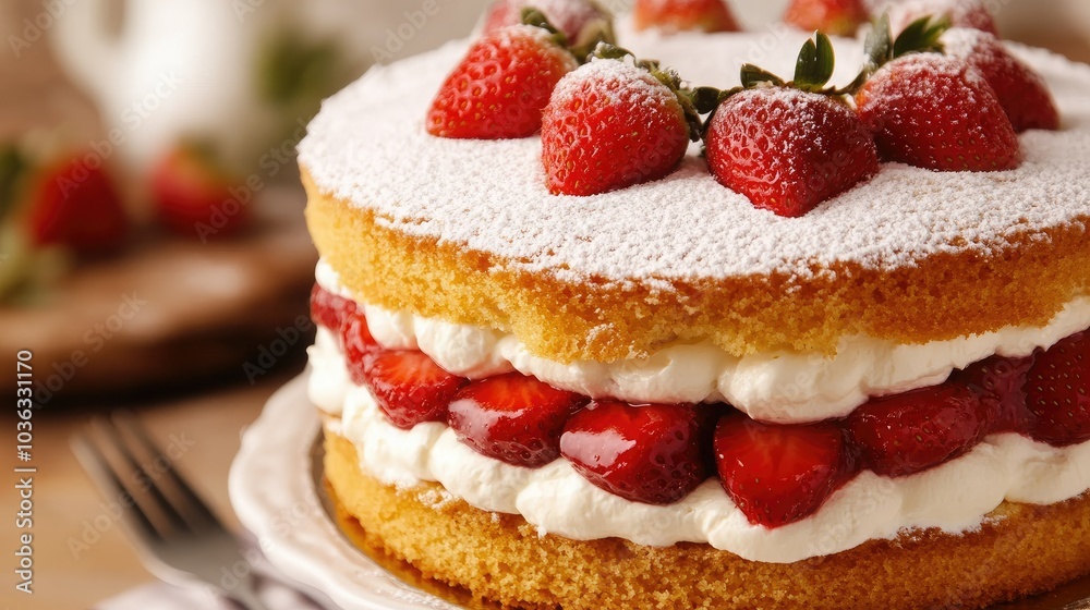 Close up of classic victoria sponge cake with cream and strawberry filling Close up of classic victoria sponge cake with cream and strawberry filling