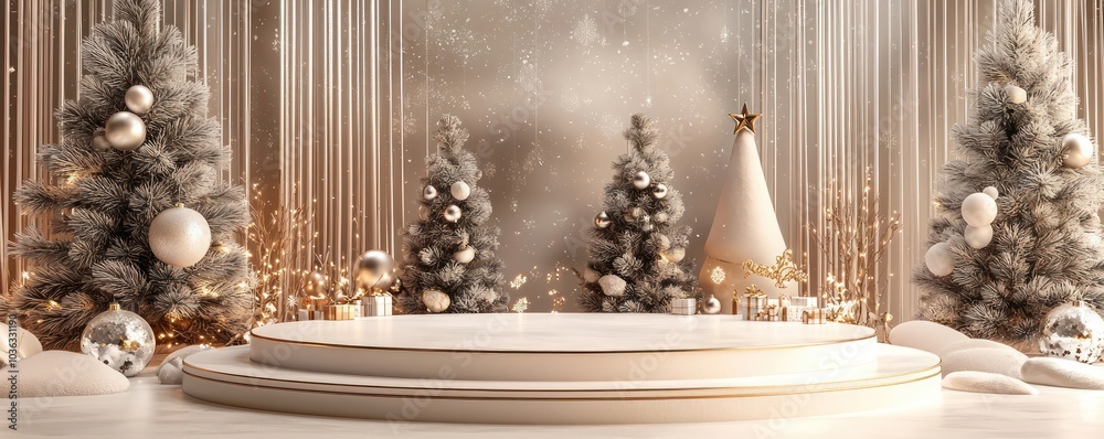 Opulent 3D podium with Christmas decor for high-end product placement. Opulent 3D podium with Christmas decor for high-end product placement.