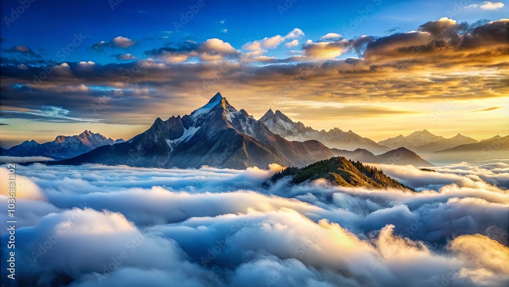 A Majestic Mountain Range Rising Above a Sea of Clouds, Bathed in the Golden Hues of a Sunset A Majestic Mountain Range Rising Above a Sea of Clouds, Bathed in the Golden Hues of a Sunset