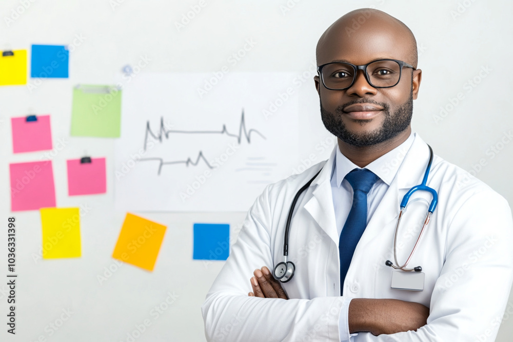 A man in a white lab coat stands in front of a wall covered in colorful notes A man in a white lab coat stands in front of a wall covered in colorful notes