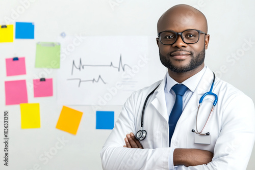 A man in a white lab coat stands in front of a wall covered in colorful notes