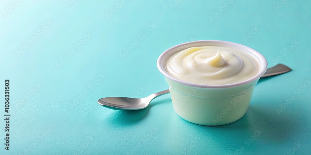 A creamy white yogurt in a white bowl with a silver spoon on a turquoise background. A creamy white yogurt in a white bowl with a silver spoon on a turquoise background.