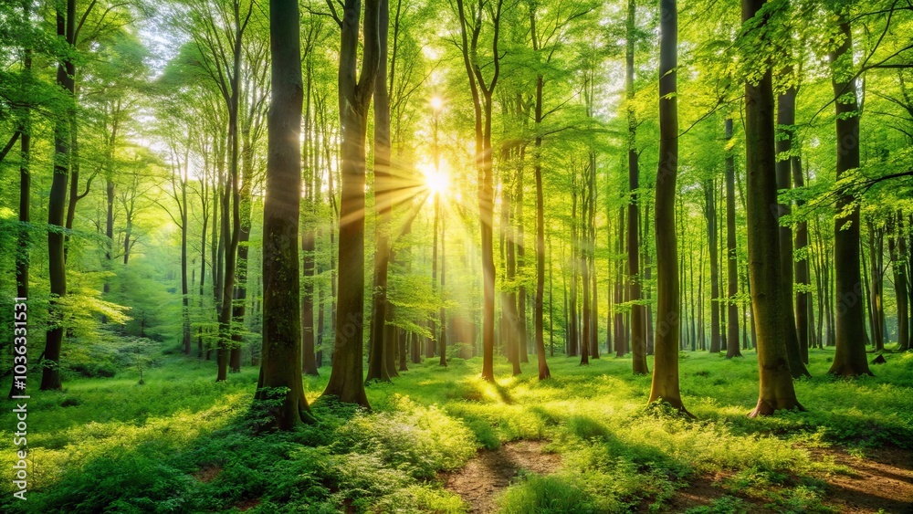 Fototapeta premium Sunlight Filtering Through a Canopy of Green Trees, Illuminating the Forest Floor with Golden Rays
