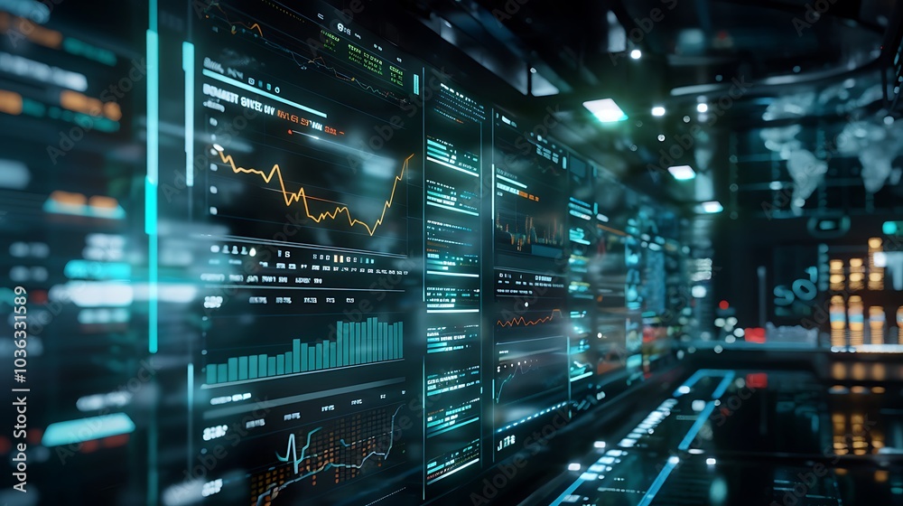 A digital dashboard displaying data analytics and financial graphs in a high-tech environment. A digital dashboard displaying data analytics and financial graphs in a high-tech environment.