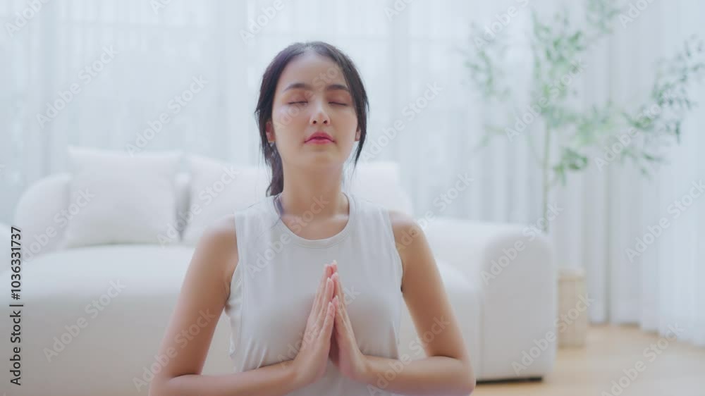 Happy young Asian woman practicing yoga and meditation at home sitting on floor in living room in lotus position and relaxing with closed eyes. Mindful meditation and wellbeing concept Happy young Asian woman practicing yoga and meditation at home sitting on floor in living room in lotus position and relaxing with closed eyes. Mindful meditation and wellbeing concept