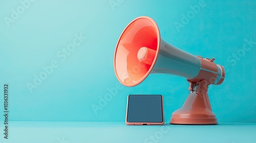 Megaphone with cell phone, blue background, megaphone on a mobile phone screen, photo