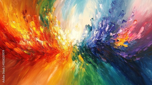 A vibrant abstract painting showcasing swirling colors of orange, blue, and green.