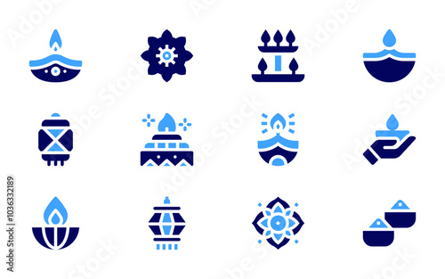 Diwali icon set. Bold style. Duotone colors. chakra, diwali, yagna, candle, lantern, spices, lamp, candles, oil lamp, flower photo