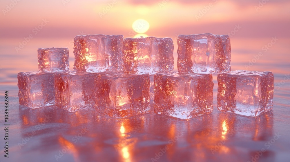 Ice cubes reflecting sunset light on a serene water surface. Ice cubes reflecting sunset light on a serene water surface.