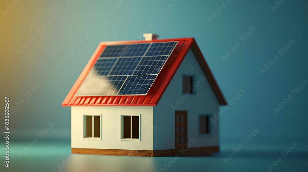 A small model house with solar panels on the roof, showcasing sustainable energy use. A small model house with solar panels on the roof, showcasing sustainable energy use.