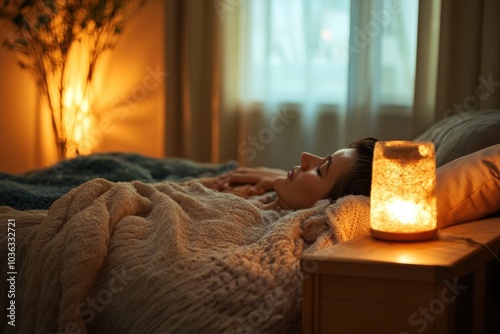 Serene Bedroom Scene with Soft Lighting and a Peaceful Individual Resting Under a Cozy Blanket Evoking Calmness and Relaxation