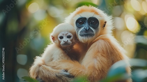 A close-up of a mother and infant of a Yellow Cheeked Gibbon monkey (Nomascus Gabriallae) in the forest photo