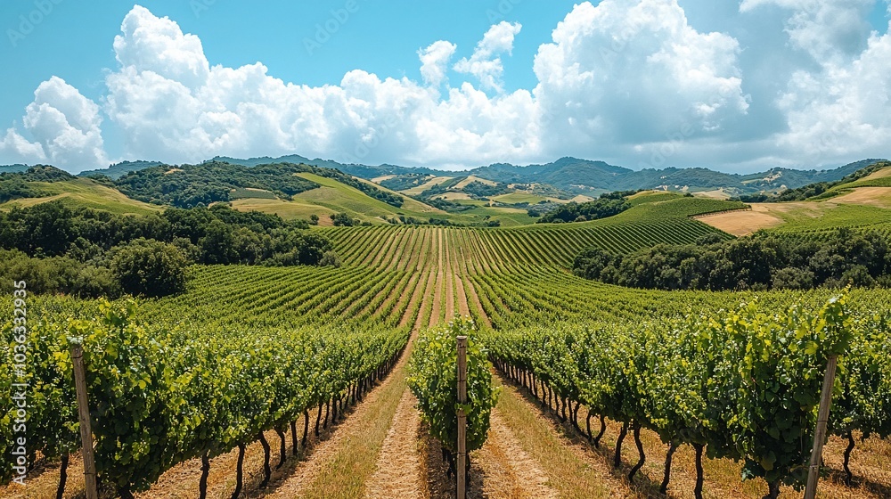 Fototapeta premium Expansive Vineyard Under Bright Blue Sky