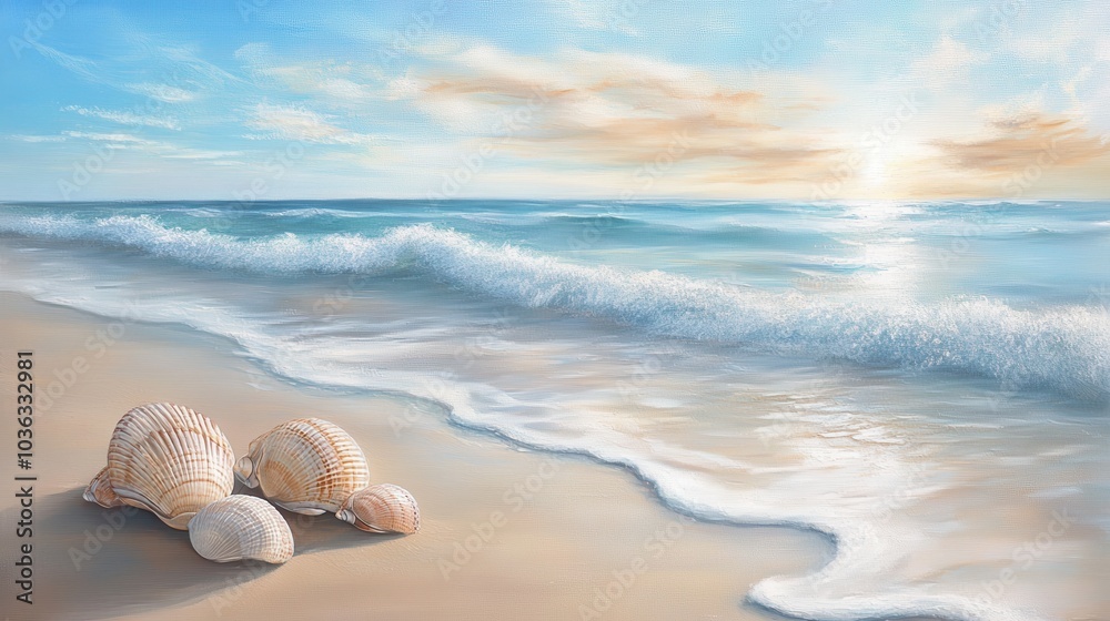 Serene Coastal Scene with Shells and Gentle Waves Under a Beautiful Sky at Sunrise or Sunset on the Beach Serene Coastal Scene with Shells and Gentle Waves Under a Beautiful Sky at Sunrise or Sunset on the Beach